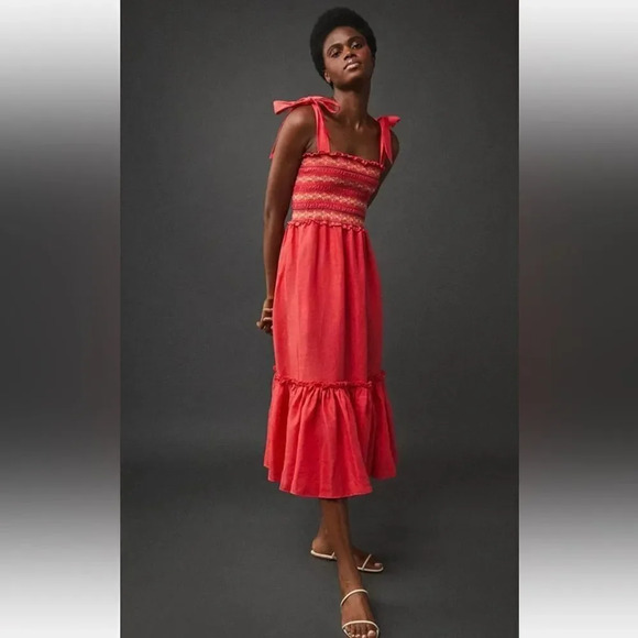 Cara Cara NEW NWT Jenny Tie Shoulder Linen Midi Dress Hibiscus Size Medium - Picture 8 of 9